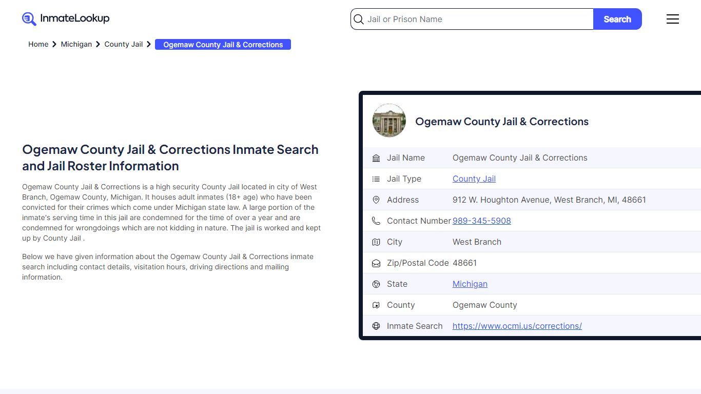 Ogemaw County Jail & Corrections Inmate Search - Inmate Lookup